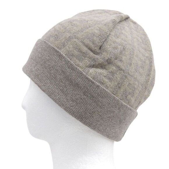 Fendi Wool Cashmere Blend Zucca Pattern Beanie Knit Cap Brown Beige TU main image 7